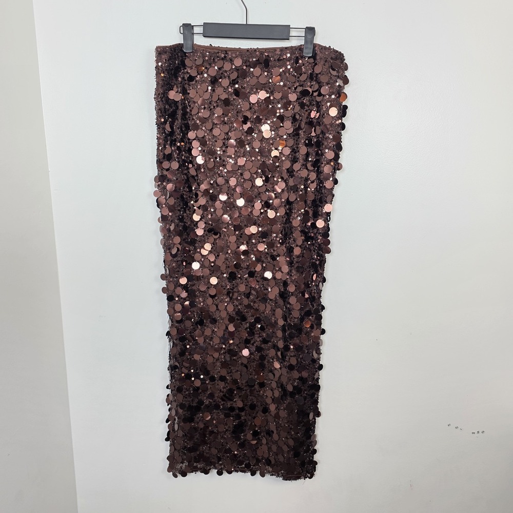 Fashion Nova Brown Party Glam Event Sparkle Sundown Soiree Sequin Maxi Skirt L - Picture 7 of 8